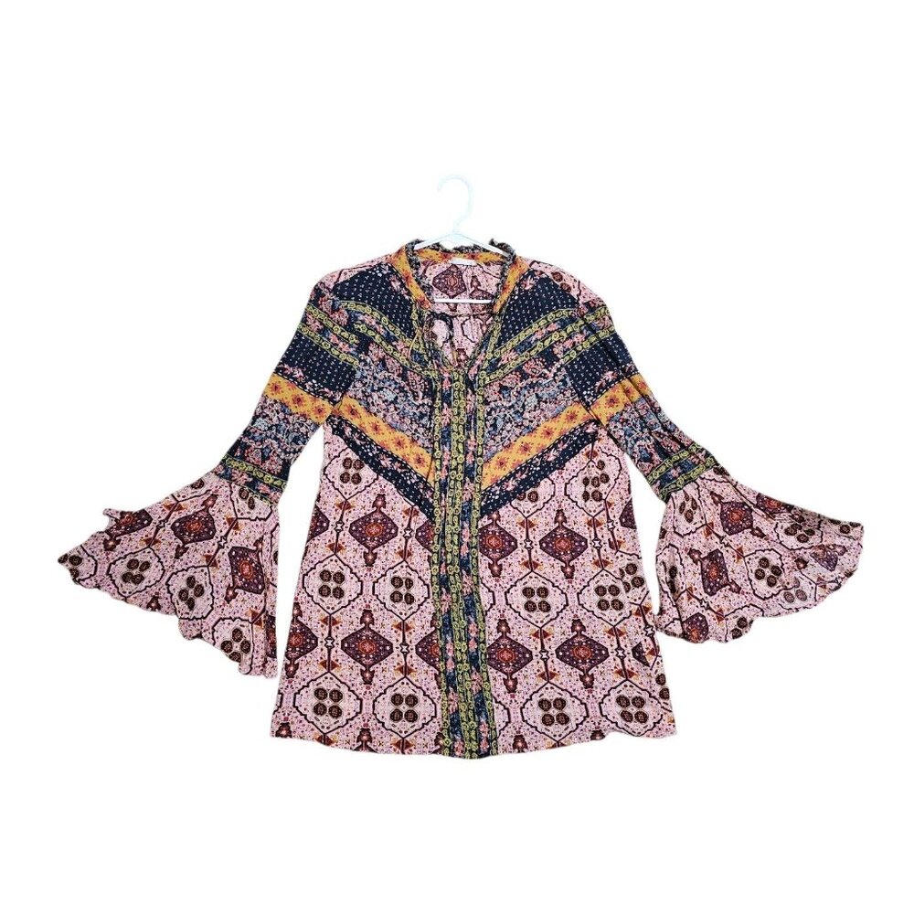 Altar’d State Boho Patchwork Tunic Dress Pink Bell Sleeve Festival Large Hippie - Picture 5 of 7